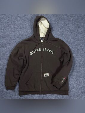Vintage Quiksilver Hoodie Mens XL Brown Sherpa Lined Sweatshirt Fleece Full Zip